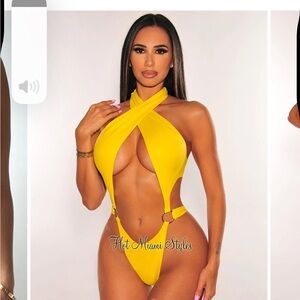 YELLOW CRISS CROSS TIE UP CUT OUT O RING HIGH CUT SWIMSUIT
